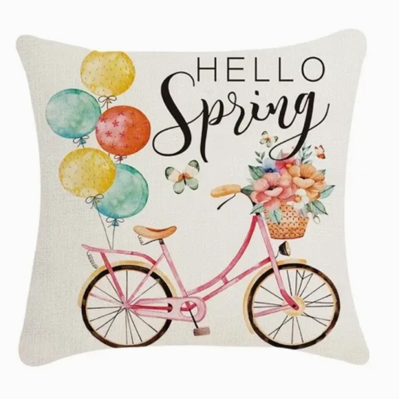 NEW SPRING/EASTER HELLO SPRING PINK VTG BICYCLE FLORAL LINEN PILLOW COVER 17.7" - Picture 1 of 5